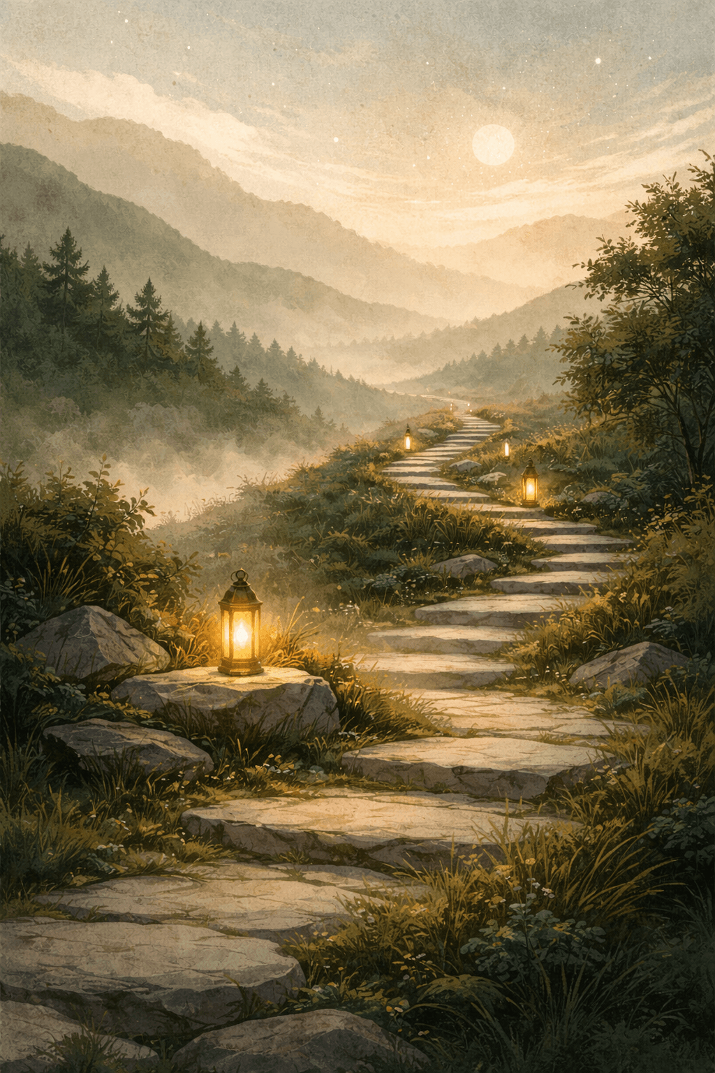 Lantern-lit stone path through misty hills